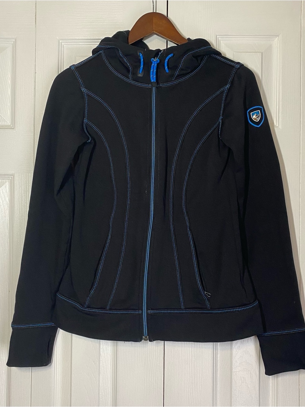 Kuhl Black Hooded Jacket with Blue Trim Zip Pockets Outdoor Hiking Ski